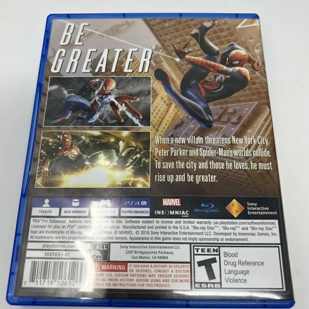 Marvel Spider-Man (Sony PlayStation 4 PS4, 2018) Tested Works